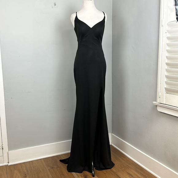 NWT La Femme Long Jersey Dress with Cut Out Open Back Gown Black Sz 4 - Picture 2 of 14